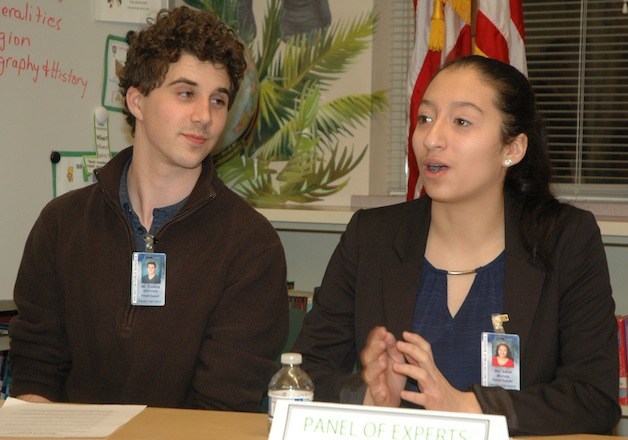 Arlington High School students Connor Ghirardo and Sarai Munoz speak as part of the 'Panel of Experts' at the Jan. 29 State of the District address.