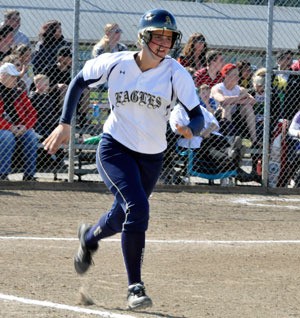 Eagles’ pitcher Ronnie Ladines runs to first after hitting an RBI double in the third inning against Marysville-Pilchuck in the final regular season game for both teams on May 10 at M-P.