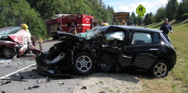 The black Nissan Leaf that was struck by a red Mitsubishi on Highway 9 just north of Crown Ridge Boulevard on Aug. 30.