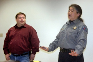 Mt. Baker District Scout Executive Gary Larson and Snohomish County Parks Ranger Kathryn Watanabe recruit adult volunteers to help supervise Boy Scouts working on the Centennial Trail May 2.