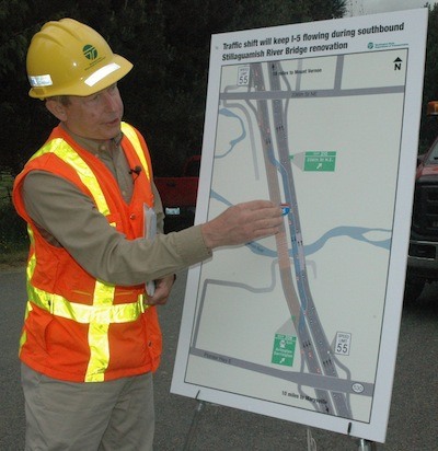 WSDOT Assistant Regional Administrator Todd Harrison explains how two lanes of traffic will be maintained for each direction on I-5 over the Stillaguamish River