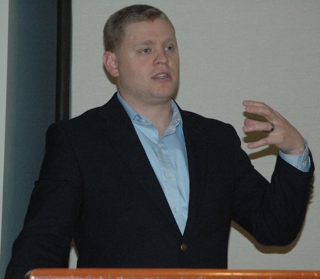 Snohomish County Council member Ken Klein addresses the Arlington-Smokey Point Chamber of Commerce on the progress of the Oso mudslide recovery and his first few months in office on April 8.