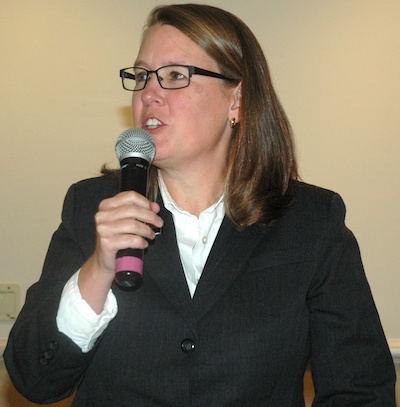 State Rep. Elizabeth Scott addresses the Arlington-Smokey Point Chamber of Commerce during its candidate forum.