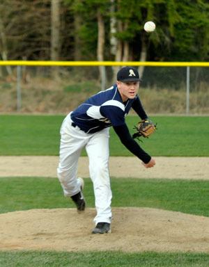 Arlington’s Tristan Jager throws a pitch against the Lake Stevens Vikings in an 11-1  home game on Wednesday