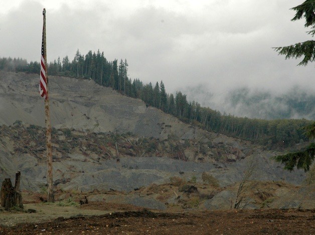 A U.S. flag honors those who died in the Oso slide.