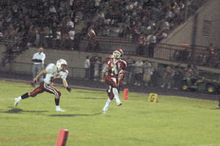 Senior wide receiver Levi Cartas beats his Snohomish defender to grab the pass from quarterback Devin Peterson and put the Tomahawks up 20-0 early in the second half.