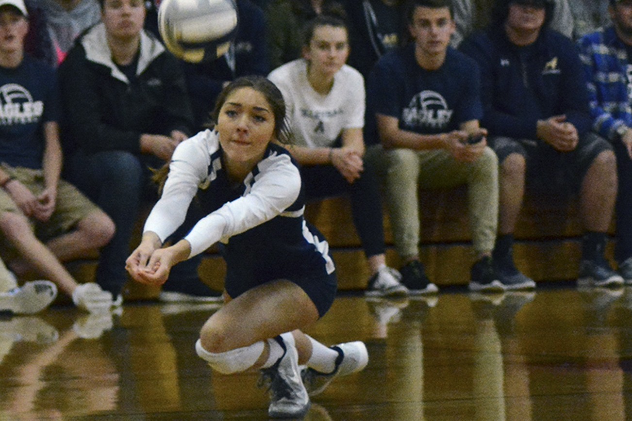 Brandon Adam/Staff Photo                                Arlington’s libero Hannah Michaels dives to keep the volley alive.