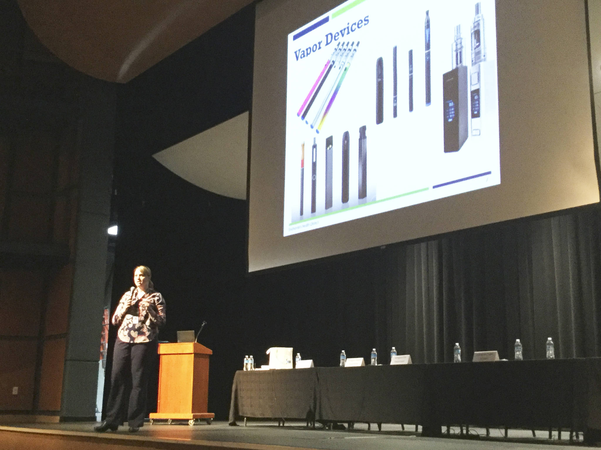 Healthy communities specialist Jennifer Reid with the Snohomish Health District talks about the alarming rise in vaping among teens during an Empowering Parents forum in Arlington Tuesday. She also shared images of various vaping devices used by adolescents.