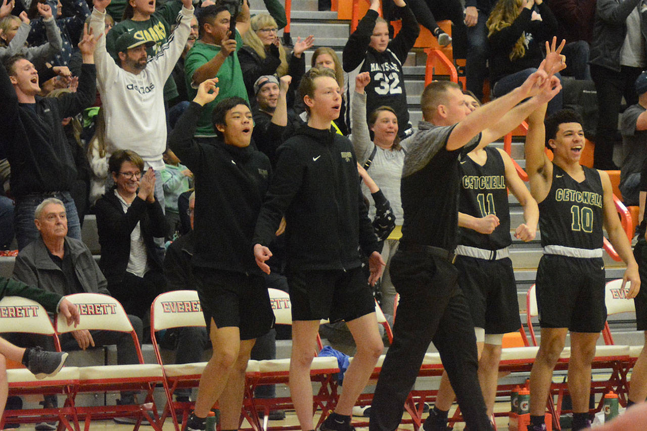 MG fans, players and coaches cheer as their game against Meadowdale winds down.